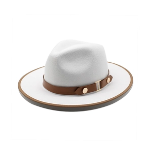 Close-up of white wool fedora with brown leather band, metallic buckle and rivet detailing