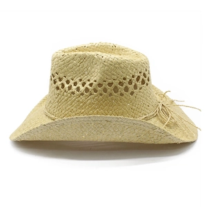 Western cowboy style straw Panama hat with hollow weave and tassel string in light beige