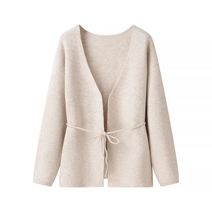 Minimalist beige knit cardigan for women featuring a V-neck design and waist tie closure