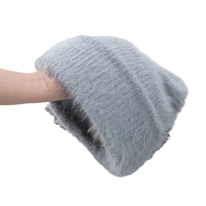 Gray plush knitted beanie with high elasticity and warm fuzzy faux fur texture