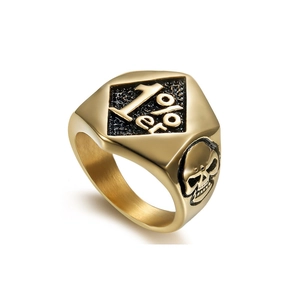 Vintage gold stainless steel motorcycle ring featuring 1%er logo and skull design