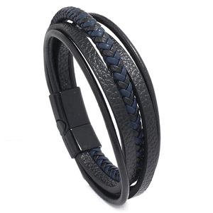 Men's multi-layer black and navy braided leather bracelet with black magnetic buckle