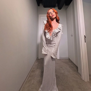 Sexy Deep V Neck Ruffle Maxi Dress Long Sleeve Glitter Sequin Bodycon Floor Length Evening Party Clubwear For Women