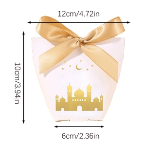 Detailed dimensions of Eid gift box with gold castle pattern and ribbon bow