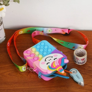 Rainbow unicorn silicone pop fidget crossbody bag for kids with adjustable strap