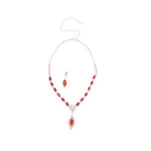 Silver-toned jewelry set featuring red teardrop stones and dainty floral crystals