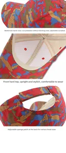 Detail of camouflage cotton baseball cap showing stiff brim and adjustable rear strap