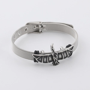Gothic silver mesh bracelet featuring vintage black eagle charm and buckle closure