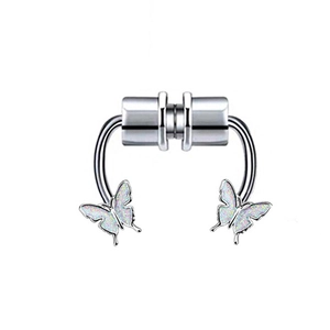 Detail of silver magnetic faux nose ring featuring colorful butterfly charms and U-shape