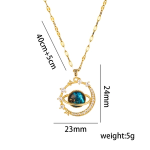 Gold cosmic planet pendant necklace with star details and 40cm+5cm chain size specs