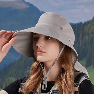 Women's wide brim sun hat with neck flap and ponytail hole in grey for outdoor hiking