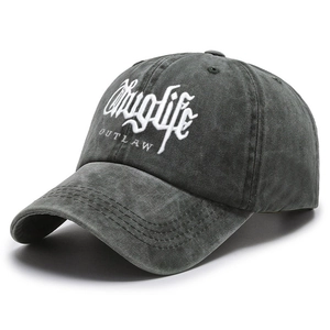 Vintage washed charcoal baseball cap with white Thuglife embroidery and curved brim