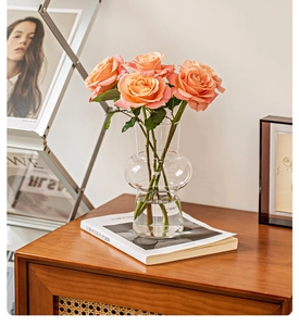 Detail of unique double-layer glass vase with pink roses in a cozy home setting