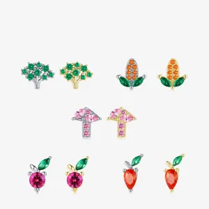 Boucles D'oreilles Puces En Argent Sterling 925 Petites Zircone Cubique Colorée Fruit Légume Champignon Arbre Bijoux Mignons