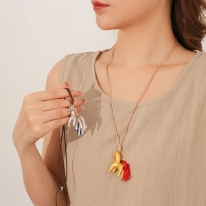 Horse Pendant Necklace Alloy Glass Beaded Tassel Long Sweater Chain Wax Rope Fashion Jewelry Women