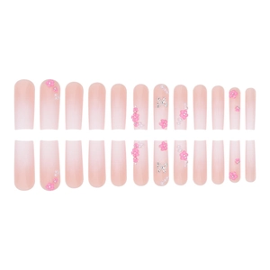 Pink gradient coffin fake nails with 3D floral and butterfly charms 24pcs set