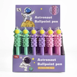 Front view of astronaut pens in a display box with 36 macaron color ballpoint pens