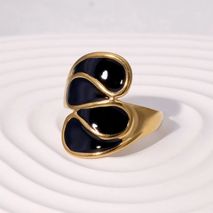 Artistic 18k gold plated stainless steel open ring with black enamel organic shapes