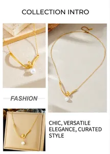 Macro view of gold-plated V-shaped pendant necklace with a white pearl in a gift box