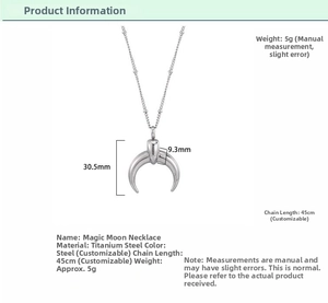 Detailed size specifications for polished crescent moon necklace in titanium steel