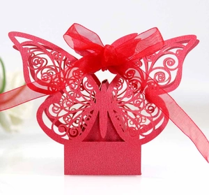 Detail of red butterfly gift box featuring laser-cut floral patterns and ribbon