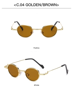 Detail view of retro oval sunglasses with golden metal frame and brown lenses