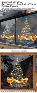 Close-up of gold Christmas tree window decals with Merry Christmas text on glass
