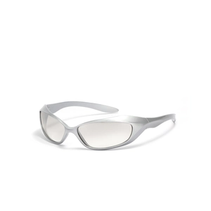 Lunettes de soleil de sport Y2K argentées futuristes avec monture aérodynamique enveloppante