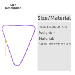 Detail of 41+5cm purple beaded chain necklace made of 18K gold plated copper with lobster clasp
