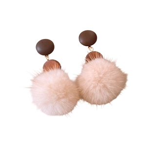 Winter vintage round wood and beige faux fur ball drop earrings for women with silver pins