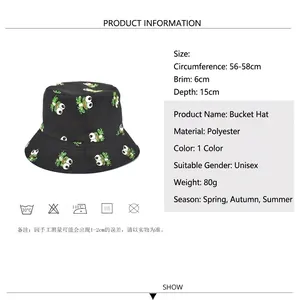 Unisex black bucket hat with cartoon frog print showing size dimensions and fabric details