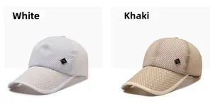Detail view of breathable honeycomb mesh caps in white and khaki with metallic logo