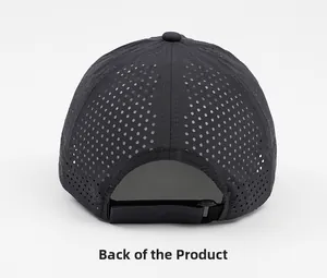 Back view of black breathable mesh baseball cap with adjustable strap and laser-cut holes