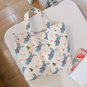 Canvas Tote Handbag Cute Bunny Flower Print Zipper Small Cotton Cloth Bag For Daily Travel Shopping Sweet Fresh Women