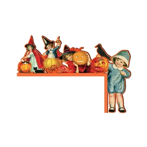 Detailed vintage Halloween wood door corner decor with retro kids and pumpkin graphics