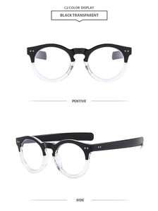 Detailed front and side views of retro round glasses in black and transparent finish
