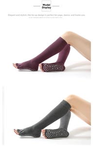 Detail showing non-slip dots and diamond knit pattern on toeless yoga socks