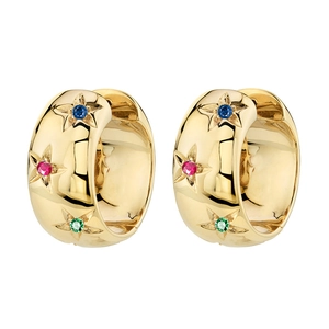Gold huggie earrings with engraved stars and colorful zircon stones on white background
