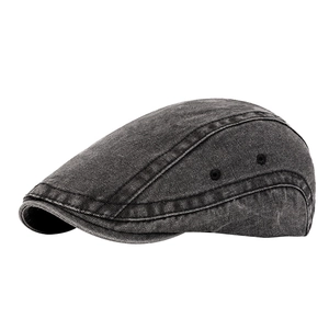 Vintage dark gray washed denim flat cap with metallic air vents and retro style