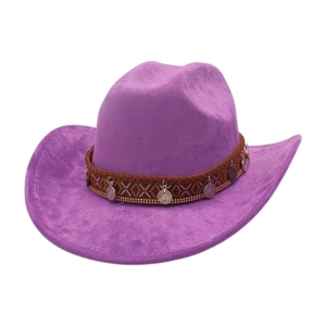 Close-up of purple western cowboy hat with brown woven band and silver metal pendants