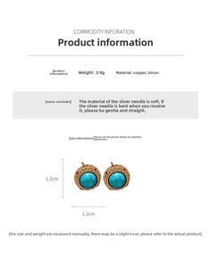 Detail showing 18k gold plated turquoise stud earrings with zircon inlay and dimensions