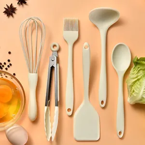Kitchen Utensils Silicone Heat Resistant Non-Stick Cooking Tools Spatula Whisk Tongs Spoon Brush Creamy White