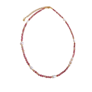 Pink gemstone and baroque pearl beaded necklace with gold chain and ball pendant