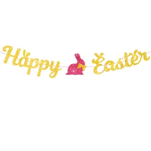 Glittery Happy Easter banner with pink bunny and gold letters for holiday wall decor