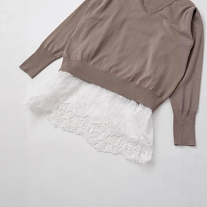 Women's V-neck knit top in brown with long sleeves and elegant white lace hem patchwork