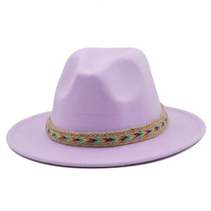 Detail of lavender wool fedora hat with ethnic style embroidered woven hatband