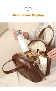 Detailed interior of a large brown PU leather makeup bag showing spacious storage capacity