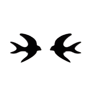 Minimalist black swallow bird silhouette stud earrings in stainless steel on white back
