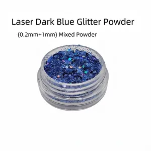 Macro detail of dark blue laser glitter powder and sequins in a clear round bottle