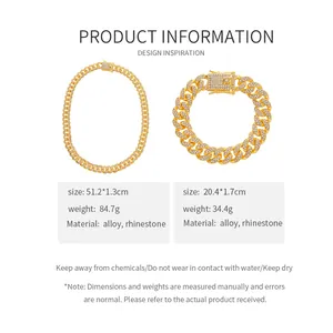 Size guide for Cuban link chain jewelry set with detailed necklace and bracelet dimensions